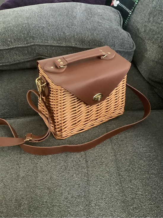 Handbags - Woven Basket Crossbody with Brown pc faux Leather Flap